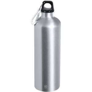 A drink bottle in shiny silver metal with a black cap and a carabiner attachment. It features a branding logo.