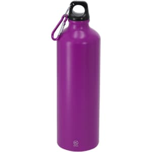A drink bottle in vibrant purple with a black top and a carabiner attachment. It features a logo on the front.