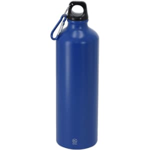 A drink bottle in a vibrant blue colour, featuring a carabiner and a black lid. It has a logo on the surface.