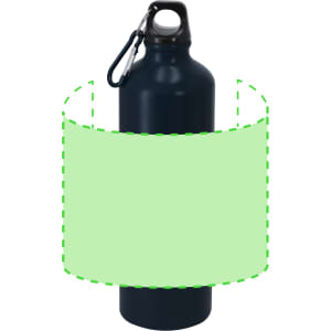 A drink bottle in navy blue, featuring a carabiner and a logo, designed for drinking purposes.