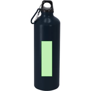 A drink bottle in navy blue with a green rectangular section and a black cap featuring a carabiner.