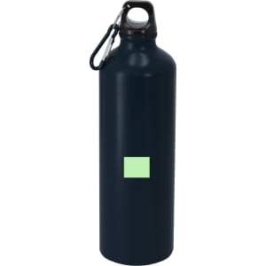 A drink bottle in navy blue featuring a carabiner and a simple logo area in light green.