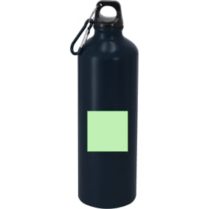 A drink bottle in navy blue metal with a black cap and a carabiner, featuring a blank green label area.
