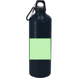 A drink bottle in navy blue with a removable carabiner and a blank area for custom designs.