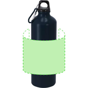 A drink bottle in navy blue with a carabiner and a blank green label area. It features a logo.