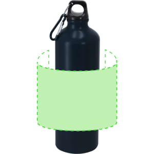A drink bottle in navy blue with a carabiner for easy attachment. It features a branding logo.