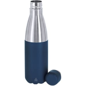 A drink bottle in navy blue with a stainless steel top and a removable cap. It features a logo on its surface.