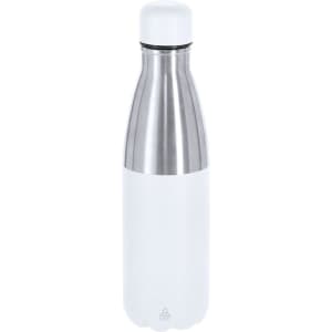 A drink bottle featuring a stainless steel body with a white finish, topped with a white cap. It has a logo.