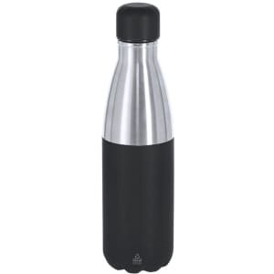 A drink bottle featuring a sleek stainless steel design with a black silicone grip and a black screw-on lid.