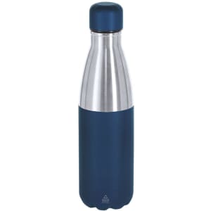 A drink bottle featuring a stainless steel body with a navy blue matte finish and a silver top. It has a logo.