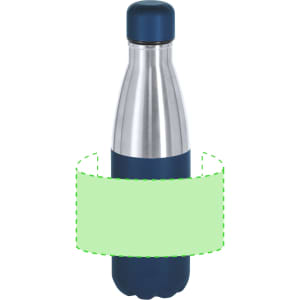 A drink bottle with a stainless steel body and a navy blue silicone grip, featuring a rounded cap and a logo.