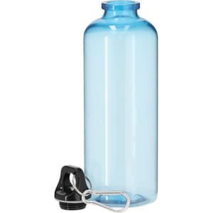 A drink bottle in translucent blue with a black cap and a silver attachment clip.