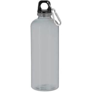 A drink bottle in clear plastic with a black cap and a carabiner clip. It features a logo.
