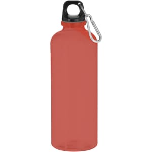 A drink bottle in vibrant red with a black cap and a silver carabiner attached. Features a logo.