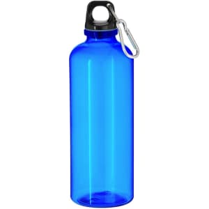 A drink bottle in vibrant blue with a black lid and a silver carabiner attachment. Features branding.