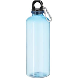 A drink bottle in translucent light blue with a black lid and a carabiner clip. It features a logo.