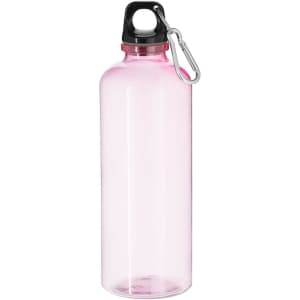 A drink bottle in a translucent pink colour with a black screw cap and a carabiner clip. It features a logo.