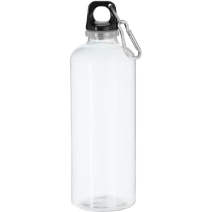 A drink bottle in clear plastic with a black lid and a metal carabiner attached.