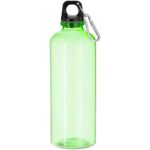 A drink bottle in bright green with a black cap and a carabiner attached. It features a smooth, transparent design.