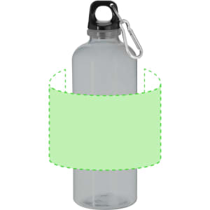 A drink bottle with a transparent body, black lid, and a carabiner attached, featuring a blank green label.