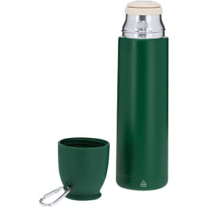 A green vacuum flask with a stainless steel lid and a matching cup, featuring a detachable carabiner.