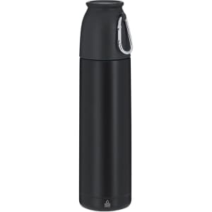 A drink bottle in matte black with a carabiner clip and a screw-on lid, featuring a logo.