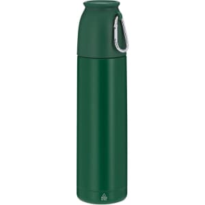 A drink bottle in dark green, featuring a lid and a carabiner clip, with a logo on the side.