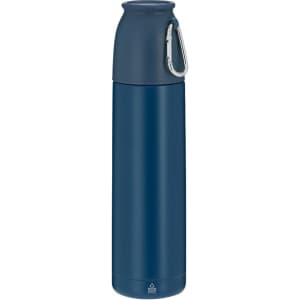 A drink bottle in navy blue with a sleek design and a carabiner attached for easy carrying. It features a logo.
