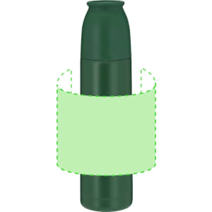 A drink bottle with a sleek design in green, featuring a logo and a removable label area.