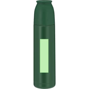 A drink bottle with a sleek green design and a logo, featuring a cylindrical shape and a curved top.
