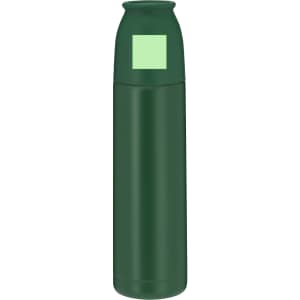 A drink bottle in dark green, featuring a sleek design and a logo. Ideal for keeping beverages hot or cold.
