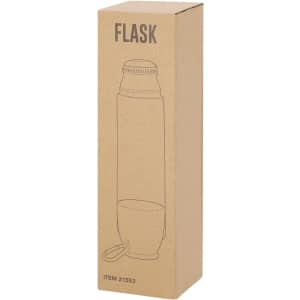 A drink bottle in a cardboard box, featuring a sleek design with a cap and a handle. It has a logo on the box.