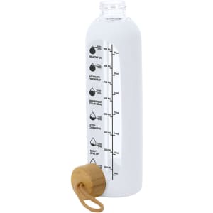 A drink bottle in white glass with measurement markings and a wooden cap. It features a logo.