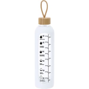 A drink bottle made of clear glass with a wooden cap and a measurement scale on the side.