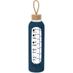 A drink bottle in navy blue with a wooden top and measurement markings. Features a logo.