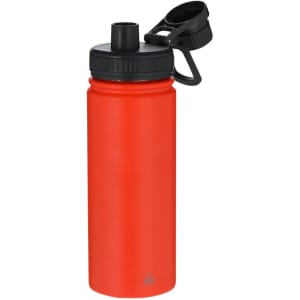 A drink bottle in bright red with a black screw-on lid and a flip-top spout. It features a logo.