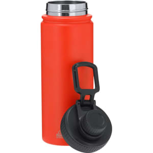 A drink bottle in bright red with a silver lid and a black cap, featuring a logo.