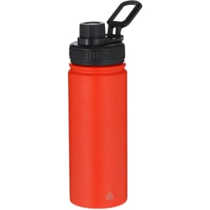 A drink bottle in vibrant red with a black screw-top lid and a carry handle, featuring a logo.
