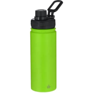A drink bottle in vibrant green with a black lid and a handle, featuring a logo.