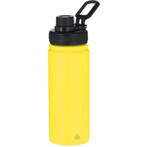 A drink bottle in bright yellow with a black lid and a carry handle. Features a logo on the body.