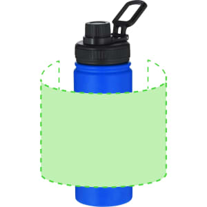 A blue insulated drink bottle with a black lid and handle, featuring space for a logo.