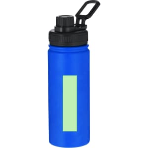 A drink bottle in vibrant blue with a black lid and a logo, featuring a rectangular section in light green.