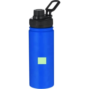 A drink bottle in vibrant blue with a black lid and a logo, featuring a sleek design and a sturdy handle.