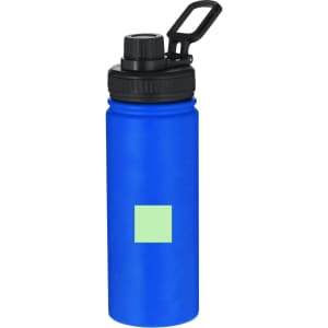 A drink bottle in vibrant blue with a black cap and a green square logo. Ideal for hydration on the go.