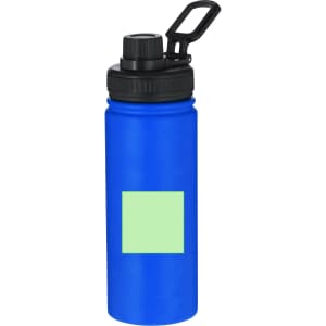 A drink bottle in vibrant blue with a black lid and a green label area. Features a carrying handle.