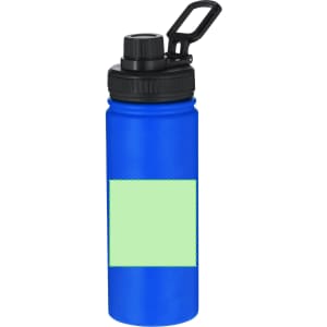 A drink bottle in vibrant blue with a black lid and a built-in handle, featuring a blank area for customisation.