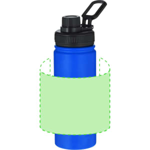 A drink bottle in vibrant blue with a black lid and a handle, featuring a cylindrical shape and a logo.