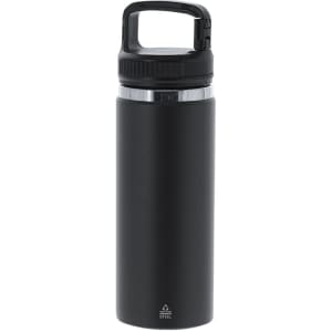 A drink bottle with a matte black finish, featuring a handle and a stainless steel lid, plus a logo on the body.
