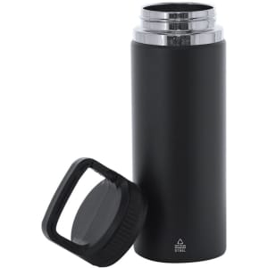 A drink bottle in matte black with a stainless steel finish, featuring a detachable lid. It has a logo on the side.
