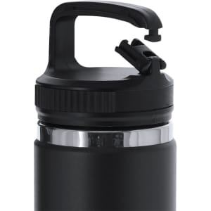 A drink bottle with a black exterior and a metallic finish at the top, featuring a black lid with a handle and a logo.